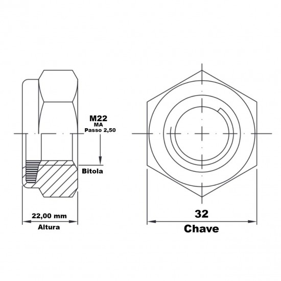 Porca Nylon Baixa MA 22 - 2.50 Chave 32 Ferro Classe 8 Zincado
